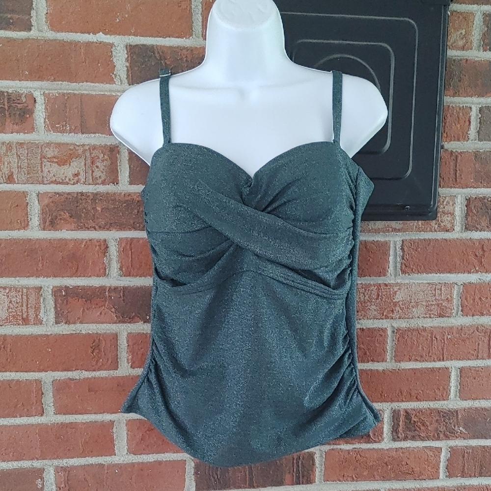 Lands End Dark Green Metallic Women's Tankini Top Size 16